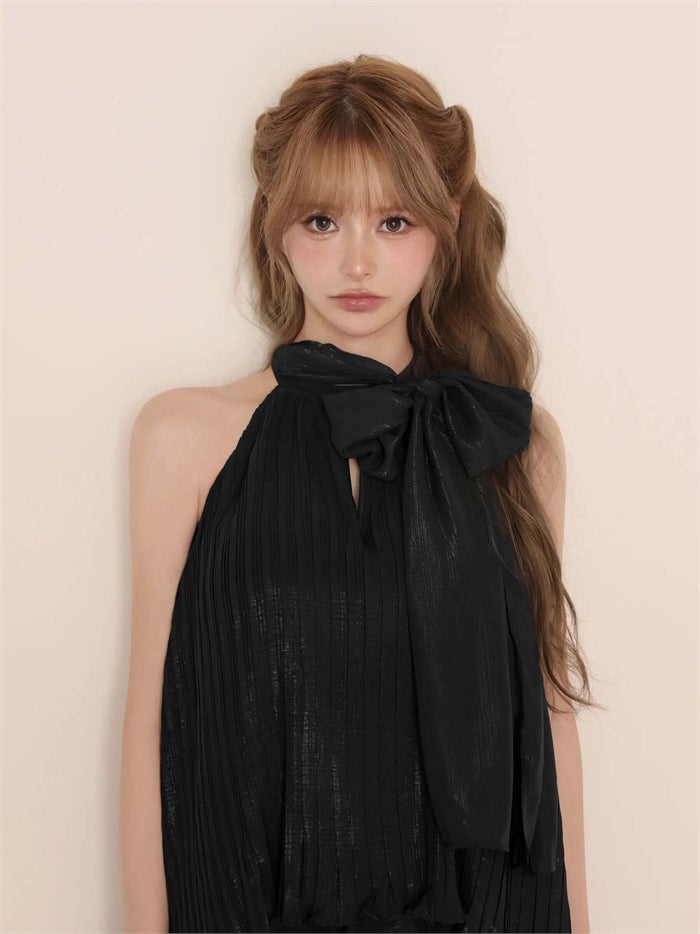 ROBE de FLEURS ローブドフルール リボンホルタープリーツシフォンセットアップミニキャバドレス fm4913-c