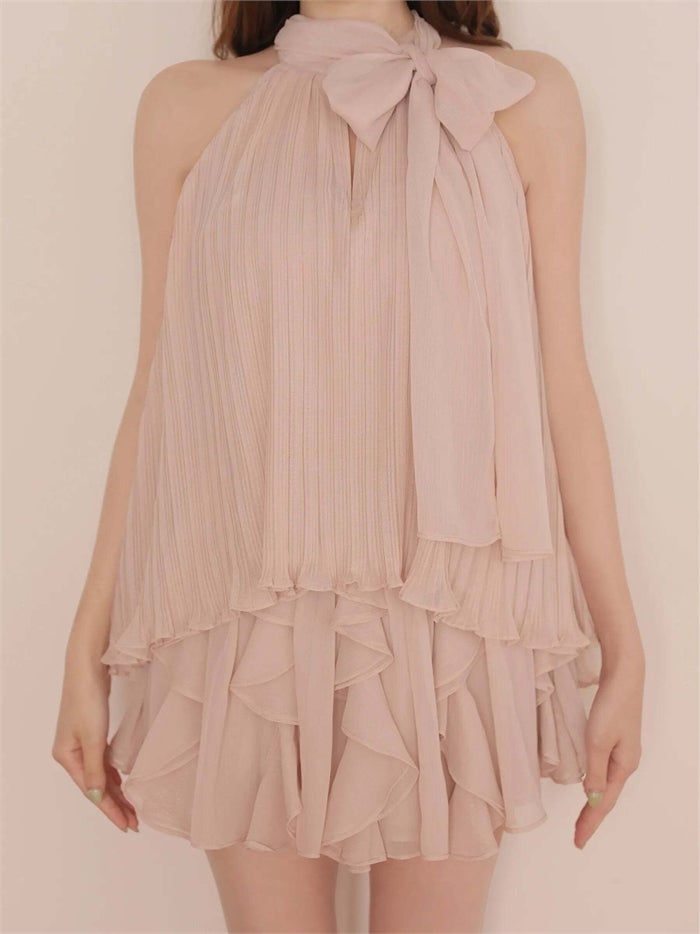 ROBE de FLEURS ローブドフルール リボンホルタープリーツシフォンセットアップミニキャバドレス fm4913-c