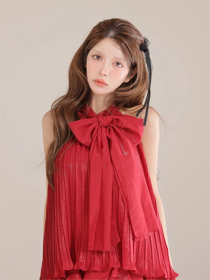 ROBE de FLEURS ローブドフルール リボンホルタープリーツシフォンセットアップミニキャバドレス fm4913-c