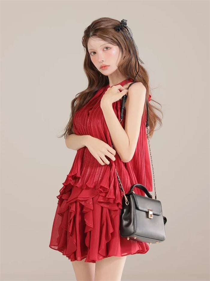 ROBE de FLEURS ローブドフルール リボンホルタープリーツシフォンセットアップミニキャバドレス fm4913-c