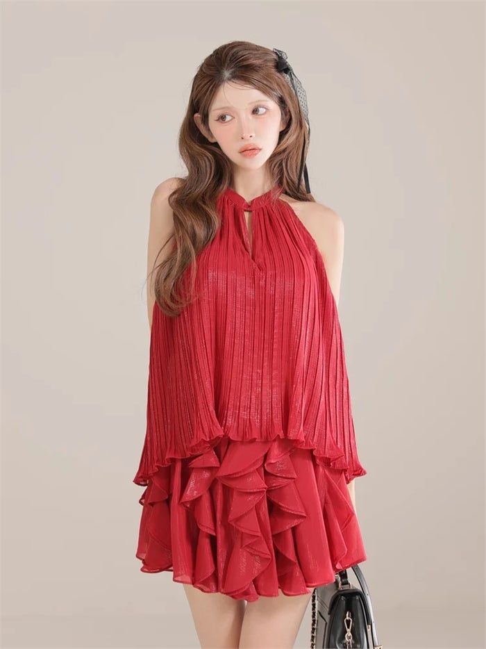 ROBE de FLEURS ローブドフルール リボンホルタープリーツシフォンセットアップミニキャバドレス fm4913-c