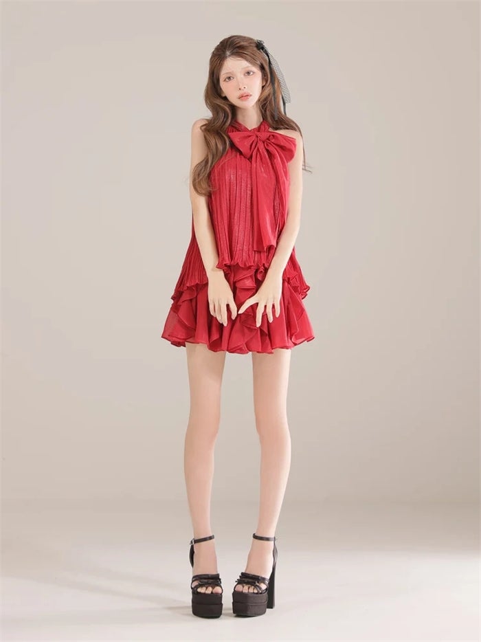ROBE de FLEURS ローブドフルール リボンホルタープリーツシフォンセットアップミニキャバドレス fm4913-c