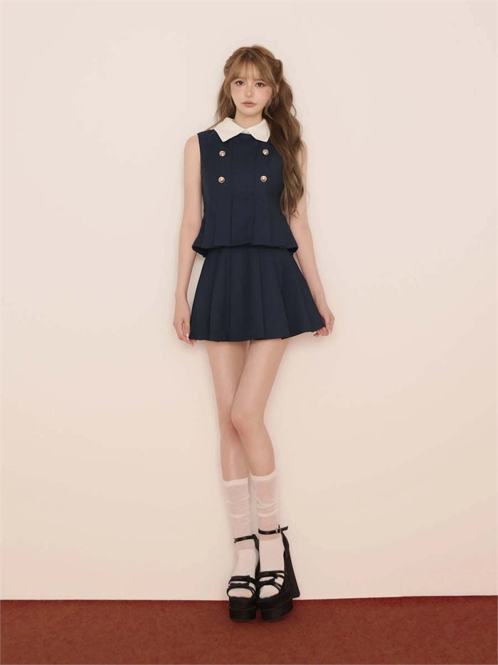 DEA. ディア バイ ローブドフルール ダブルボタンツイルプリーツセットアップミニキャバドレス de5202-c
