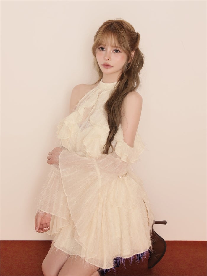 ROBE de FLEURS ローブドフルール ホルターラメフリンジサテンセットアップミニキャバドレス fm3496-c