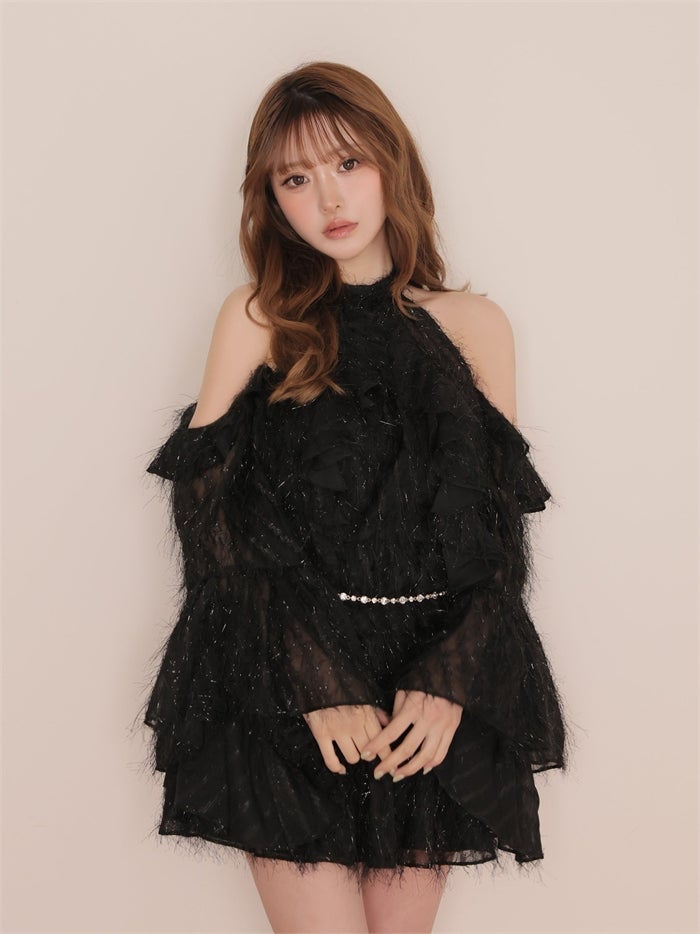 ROBE de FLEURS ローブドフルール ホルターラメフリンジサテンセットアップミニキャバドレス fm3496-c