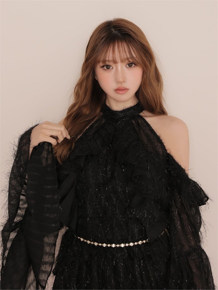 ROBE de FLEURS ローブドフルール ホルターラメフリンジサテンセットアップミニキャバドレス fm3496-c