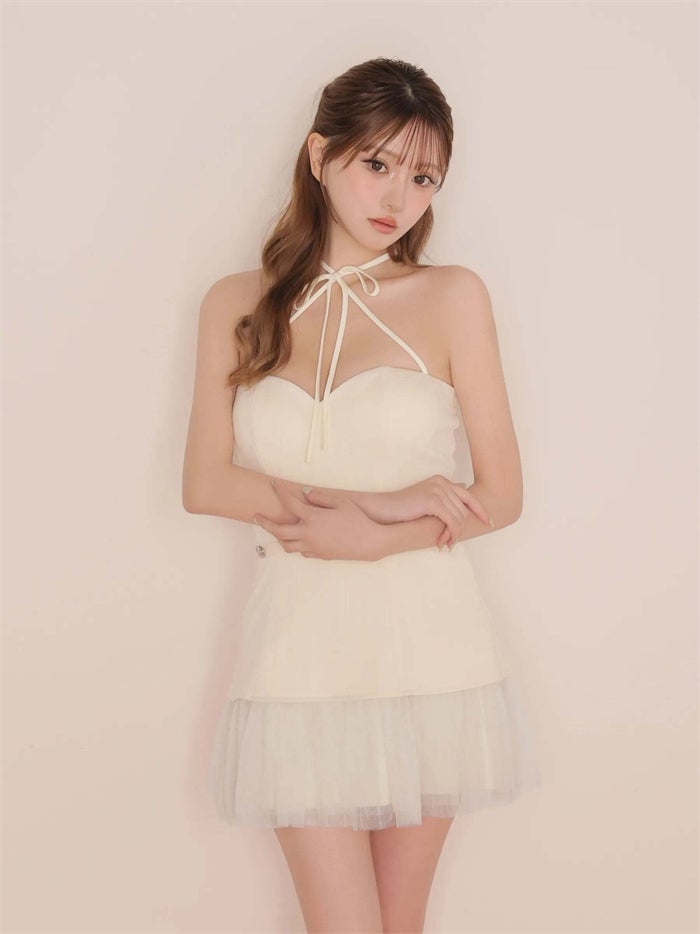 ROBE de FLEURS ローブドフルール リボンニットチュールフレアミニキャバドレス fm4199-c