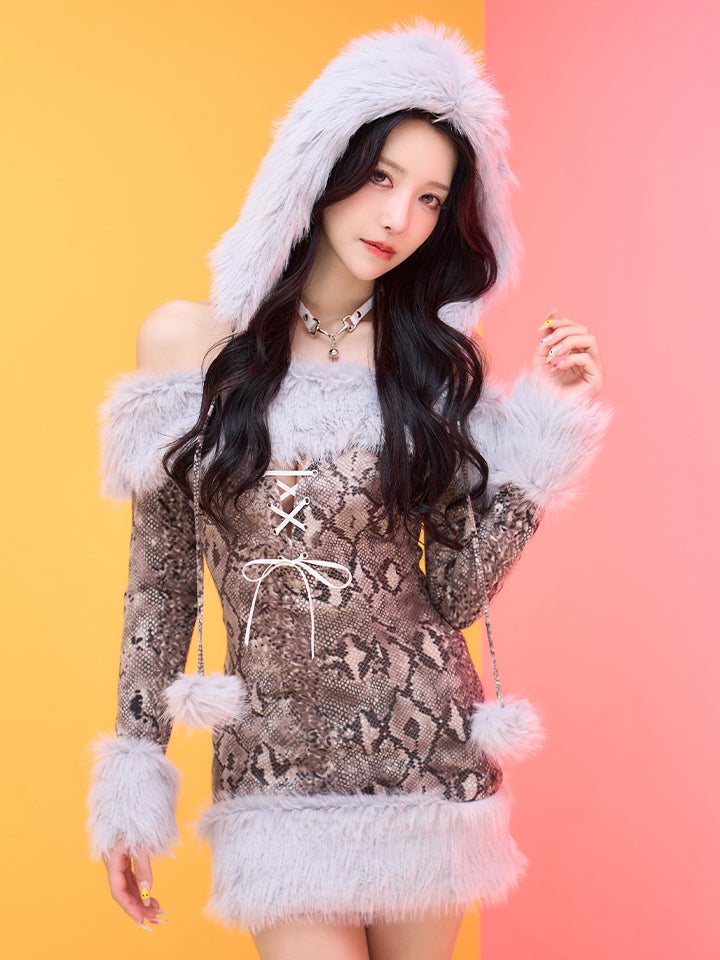 【3点セット】Fluffy Wild Party Snake Print Ver. フラッフィーワイルドパーティー パイソン柄 vcsot-250231-3-ac