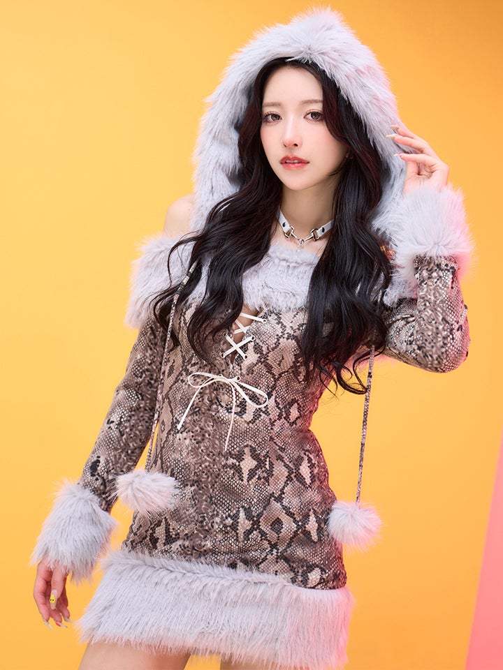 【3点セット】Fluffy Wild Party Snake Print Ver. フラッフィーワイルドパーティー パイソン柄 vcsot-250231-3-ac