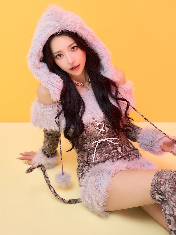 【3点セット】Fluffy Wild Party Snake Print Ver. フラッフィーワイルドパーティー パイソン柄 vcsot-250231-3-ac