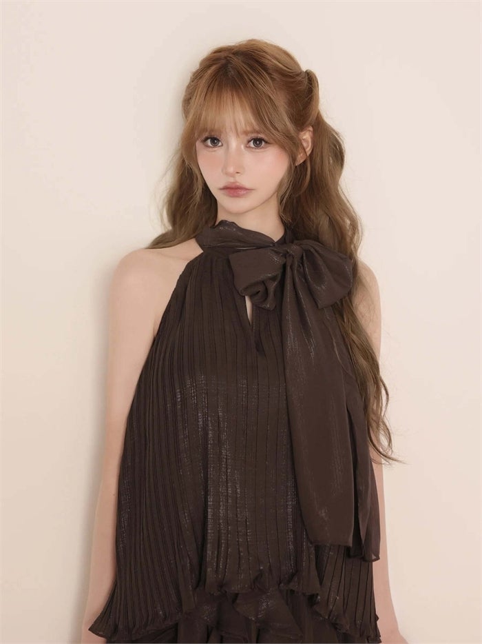 ROBE de FLEURS ローブドフルール リボンホルタープリーツシフォンセットアップミニキャバドレス fm4913