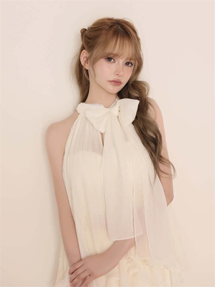 ROBE de FLEURS ローブドフルール リボンホルタープリーツシフォンセットアップミニキャバドレス fm4913