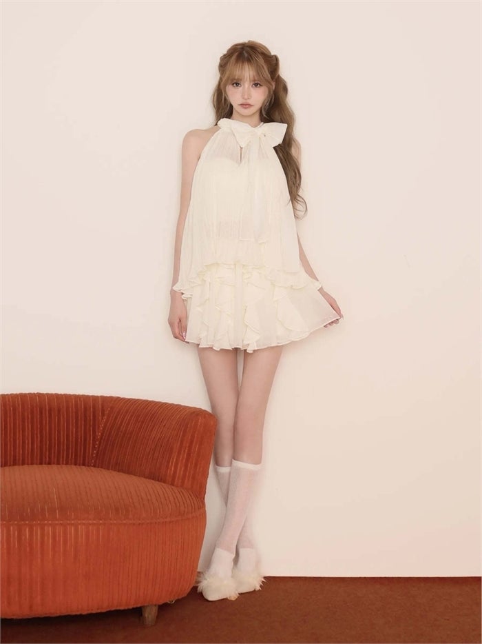 ROBE de FLEURS ローブドフルール リボンホルタープリーツシフォンセットアップミニキャバドレス fm4913