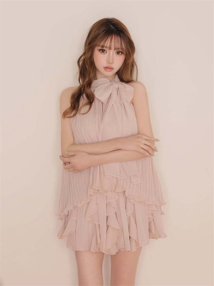 ROBE de FLEURS ローブドフルール リボンホルタープリーツシフォンセットアップミニキャバドレス fm4913