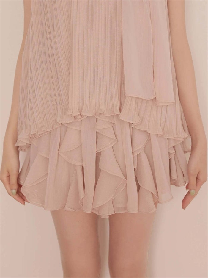 ROBE de FLEURS ローブドフルール リボンホルタープリーツシフォンセットアップミニキャバドレス fm4913