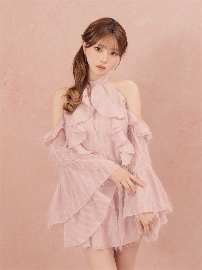 ROBE de FLEURS ローブドフルール ホルターラメフリンジサテンセットアップミニキャバドレス fm3496