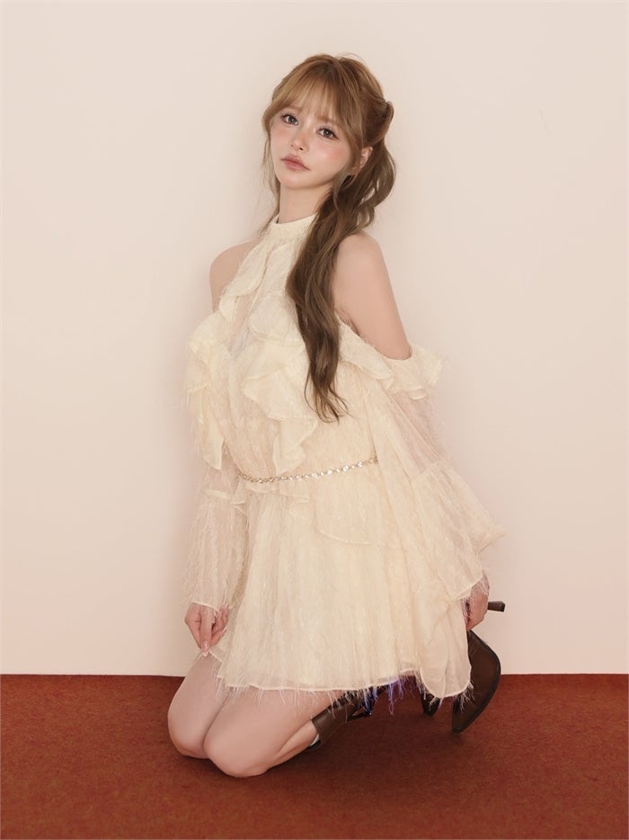 ROBE de FLEURS ローブドフルール ホルターラメフリンジサテンセットアップミニキャバドレス fm3496
