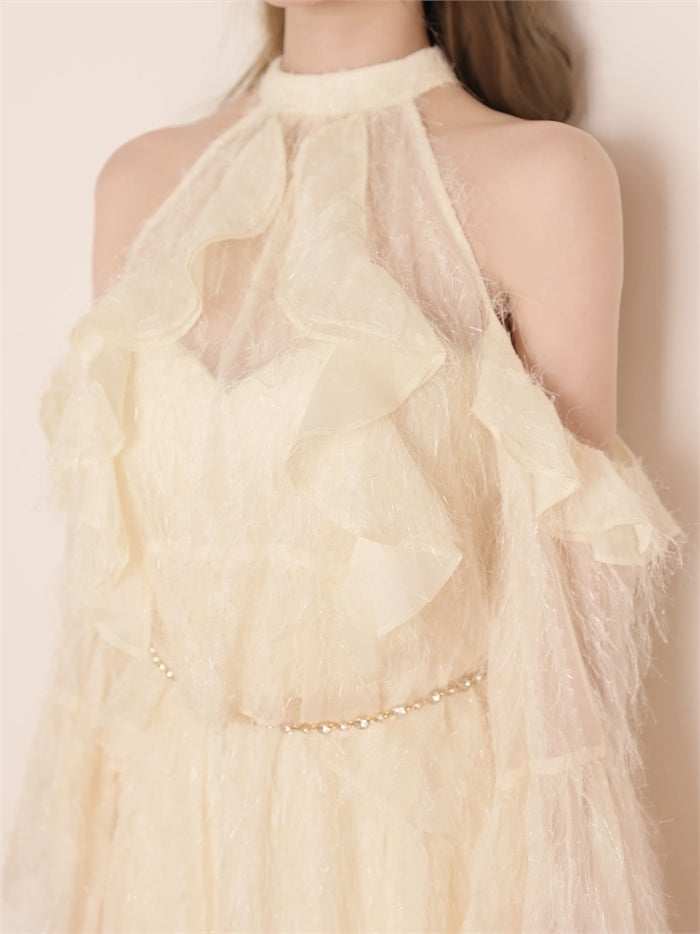 ROBE de FLEURS ローブドフルール ホルターラメフリンジサテンセットアップミニキャバドレス fm3496