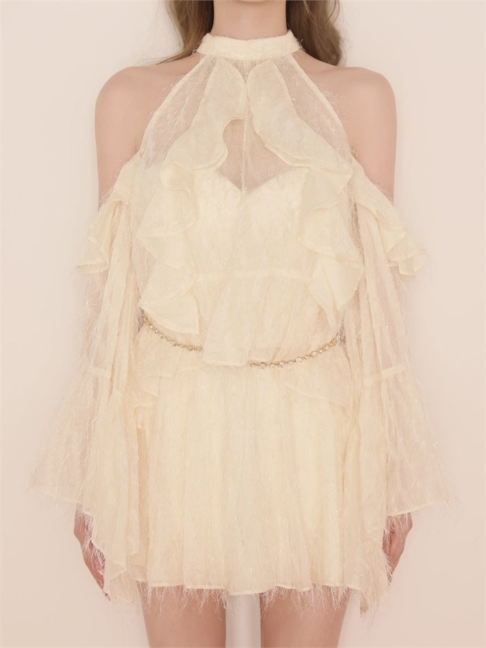 ROBE de FLEURS ローブドフルール ホルターラメフリンジサテンセットアップミニキャバドレス fm3496
