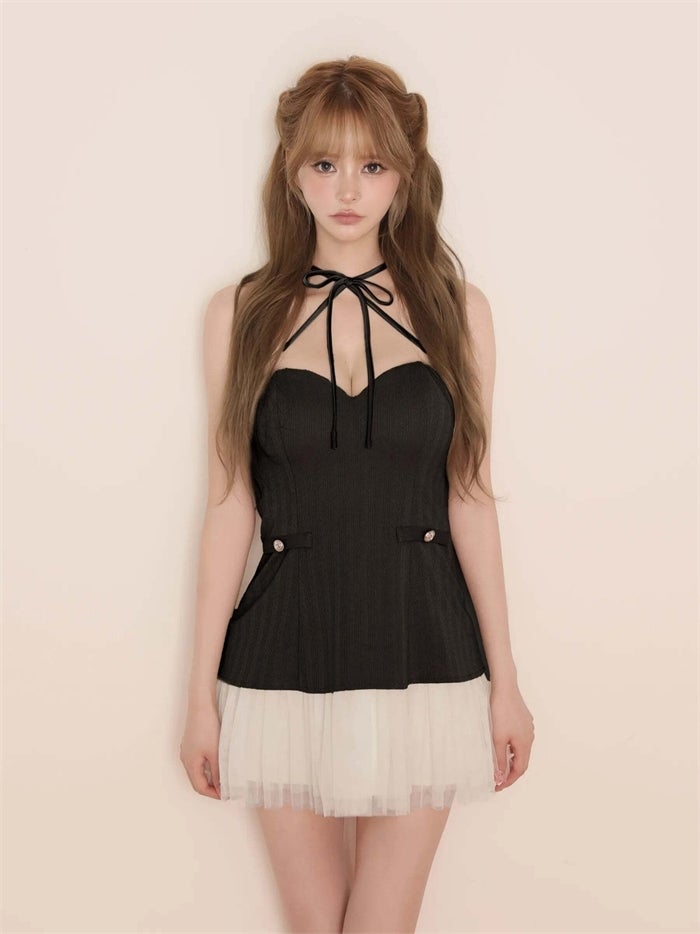 ROBE de FLEURS ローブドフルール リボンニットチュールフレアミニキャバドレス fm4199