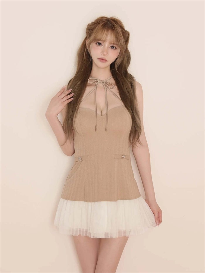 ROBE de FLEURS ローブドフルール リボンニットチュールフレアミニキャバドレス fm4199