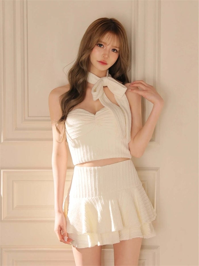 ROBE de FLEURS ローブドフルール ケーブルニットベアリボンセットアップミニキャバドレス fm4394