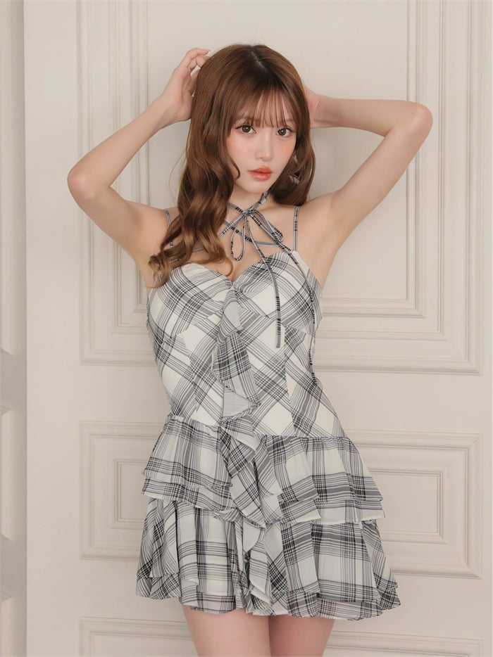 ROBE de FLEURS ローブドフルール チェックシフォンリボンキャミミニキャバドレス fm5407-c
