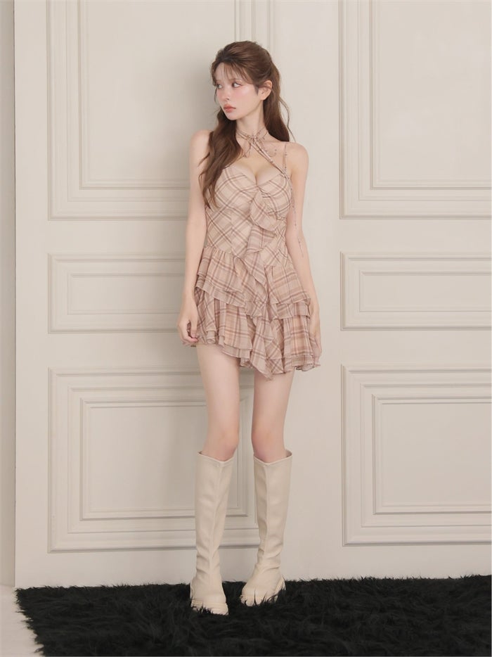ROBE de FLEURS ローブドフルール チェックシフォンリボンキャミミニキャバドレス fm5407-c