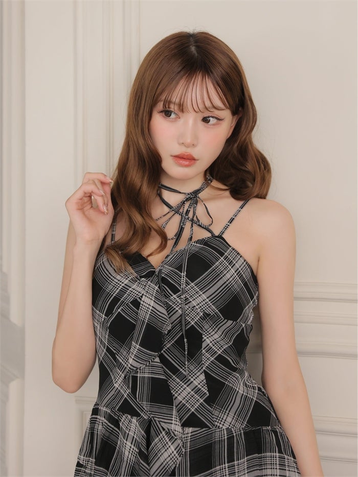 ROBE de FLEURS ローブドフルール チェックシフォンリボンキャミミニキャバドレス fm5407-c
