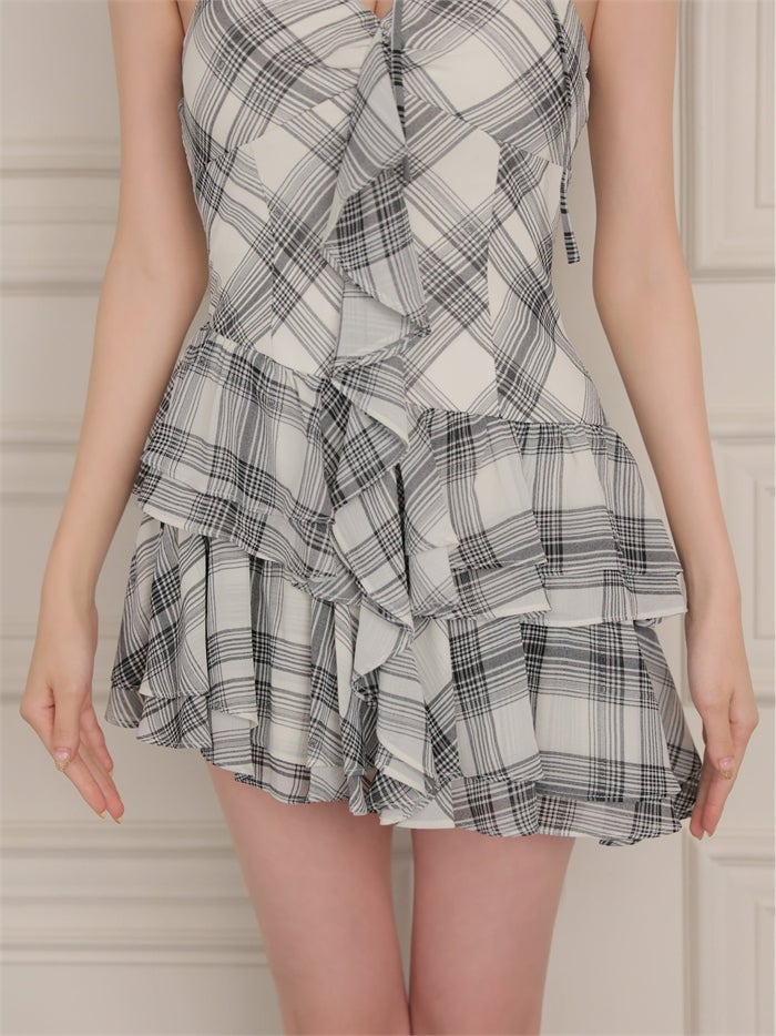 ROBE de FLEURS ローブドフルール チェックシフォンリボンキャミミニキャバドレス fm5407-c