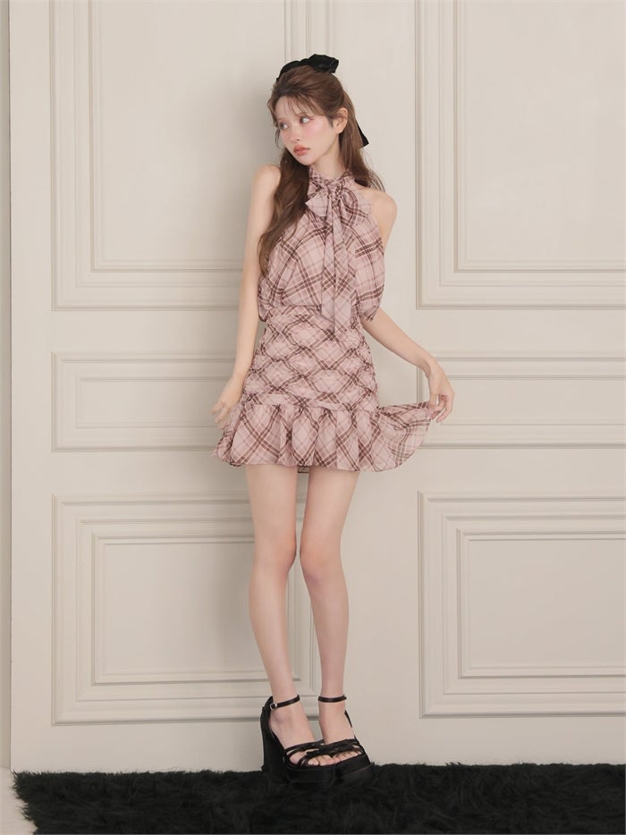 ROBE de FLEURS ローブドフルール チェックホルターリボンセットアップミニキャバドレス fm5209-c