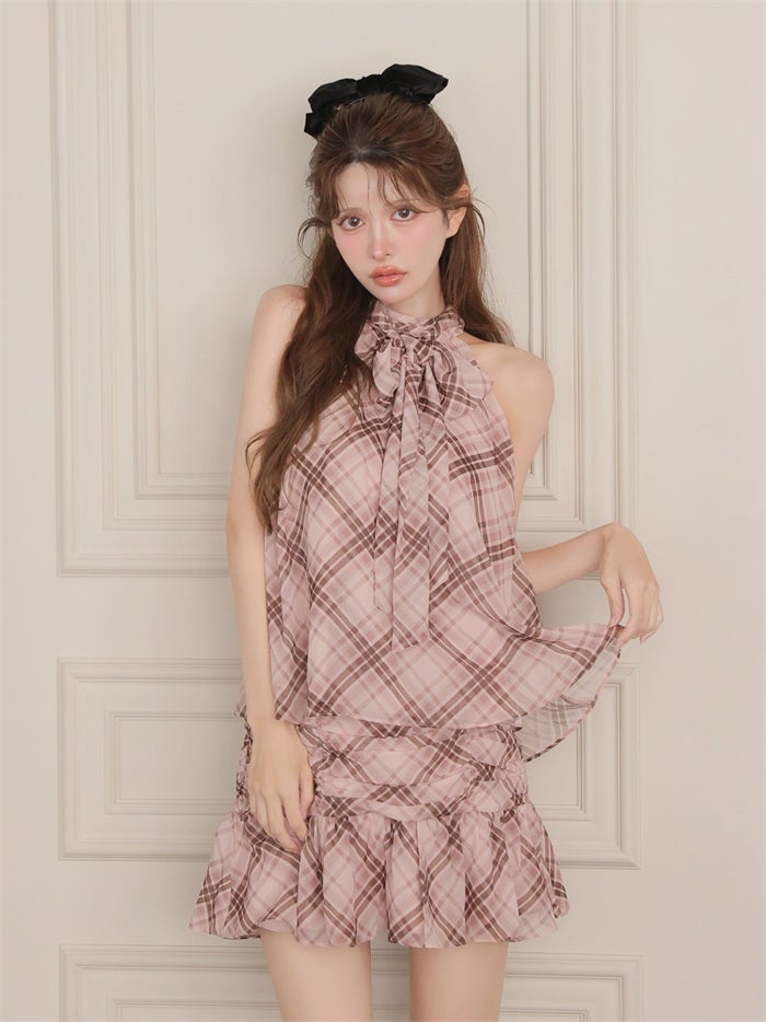 ROBE de FLEURS ローブドフルール チェックホルターリボンセットアップミニキャバドレス fm5209-c