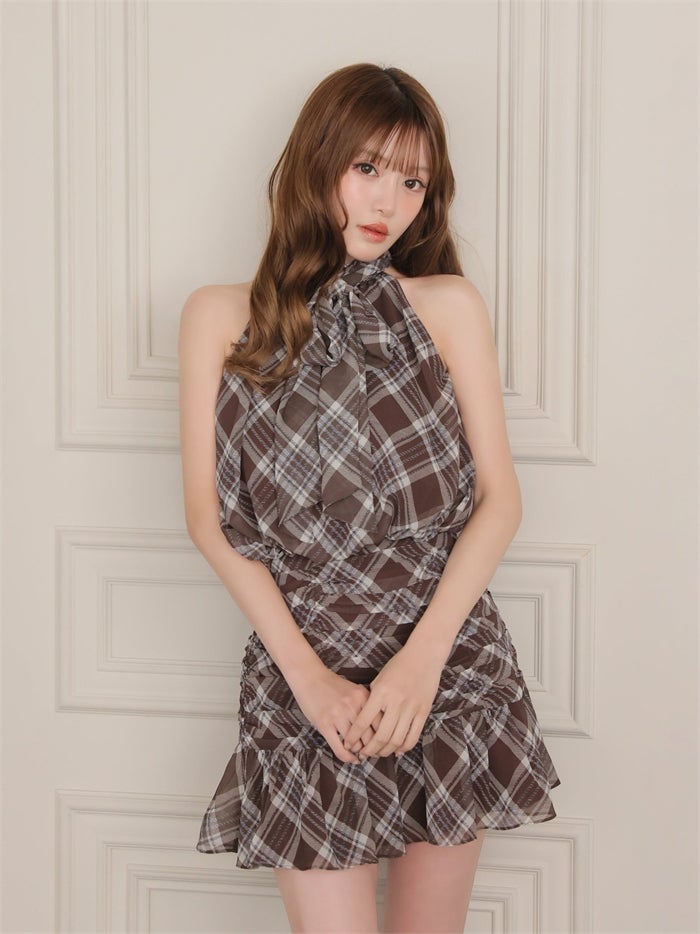 ROBE de FLEURS ローブドフルール チェックホルターリボンセットアップミニキャバドレス fm5209-c