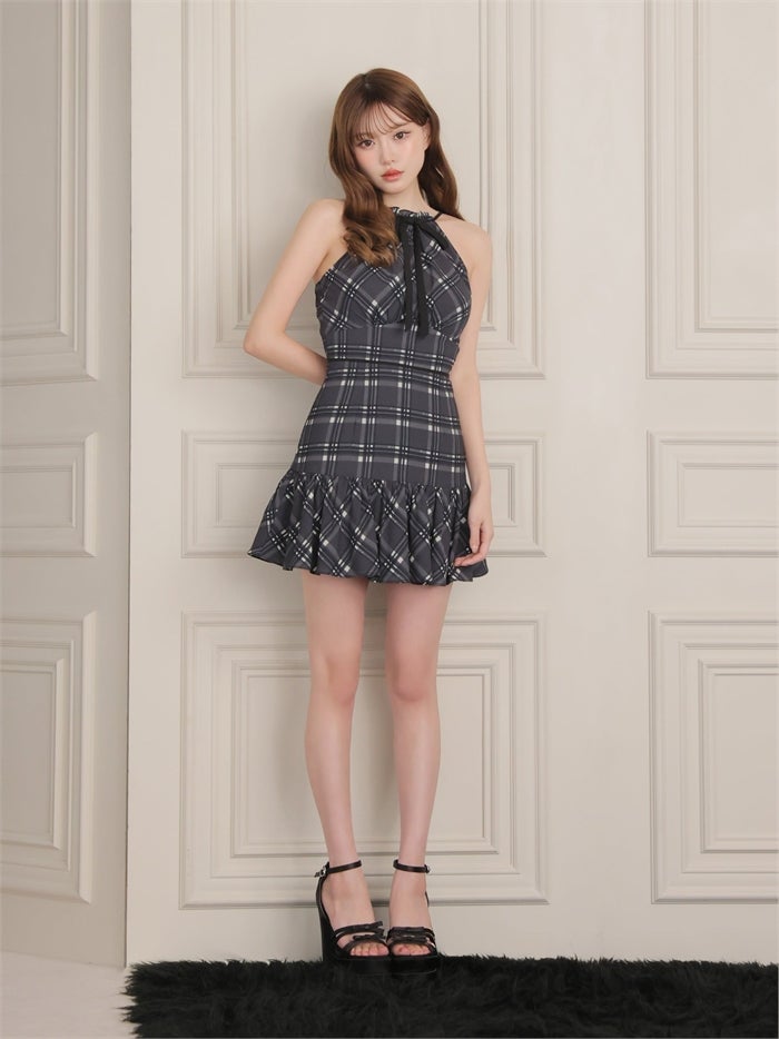 ROBE de FLEURS ローブドフルール チェックシフォンホルターリボンミニキャバドレス fm5051-c