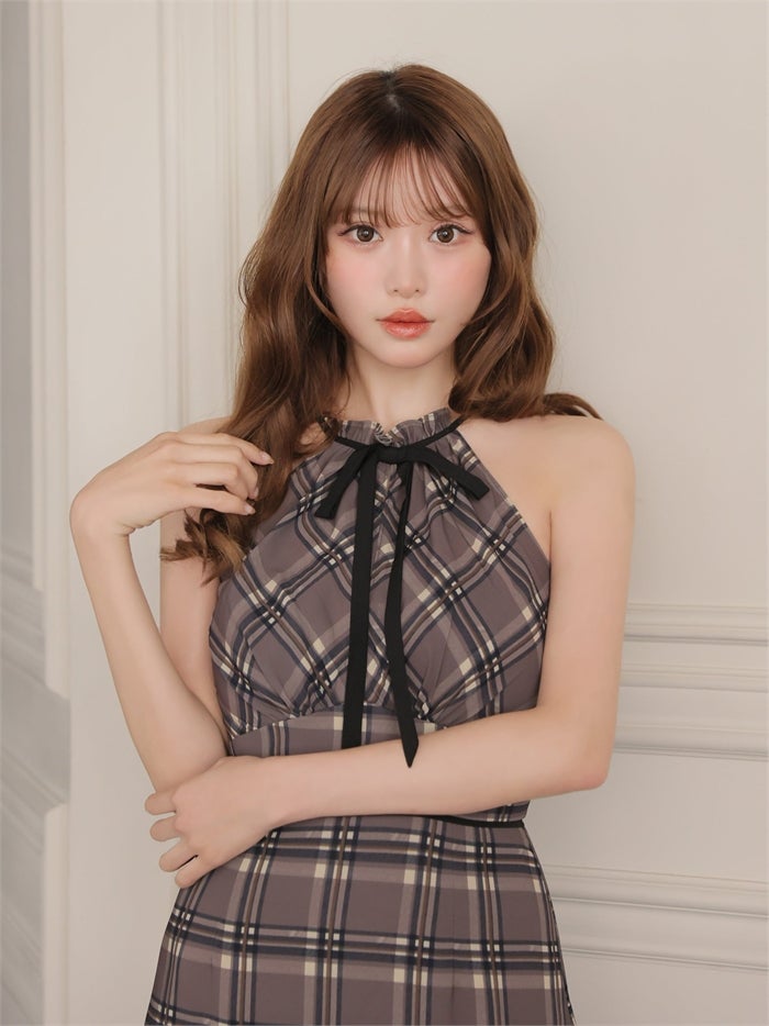 ROBE de FLEURS ローブドフルール チェックシフォンホルターリボンミニキャバドレス fm5051-c