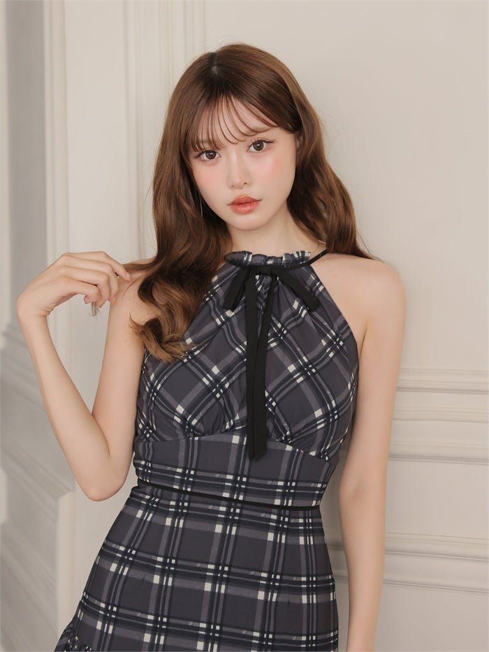 ROBE de FLEURS ローブドフルール チェックシフォンホルターリボンミニキャバドレス fm5051-c