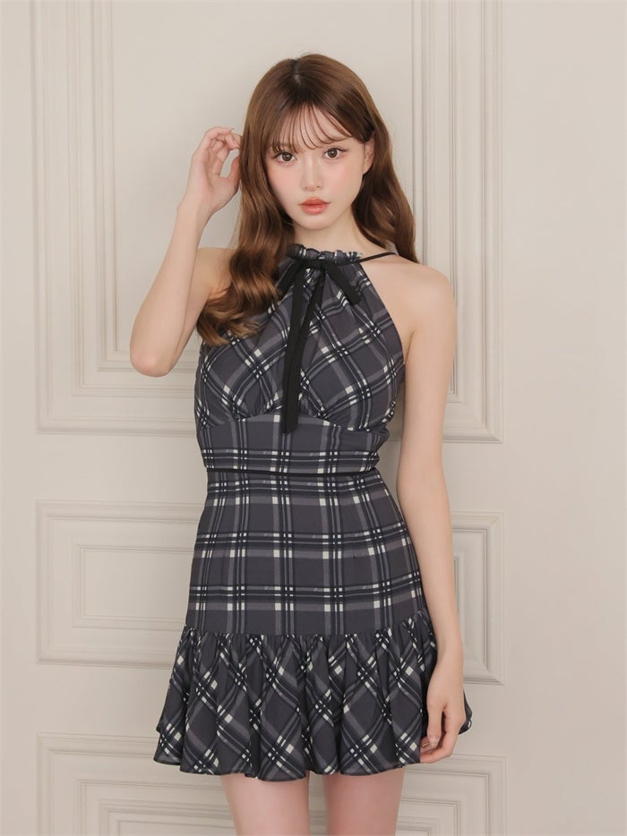 ROBE de FLEURS ローブドフルール チェックシフォンホルターリボンミニキャバドレス fm5051-c