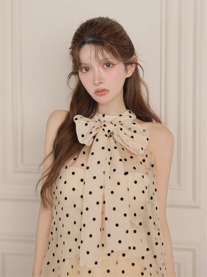 ROBE de FLEURS ローブドフルール ドットチュールホルターリボンセットアップミニキャバドレス fm4976-c