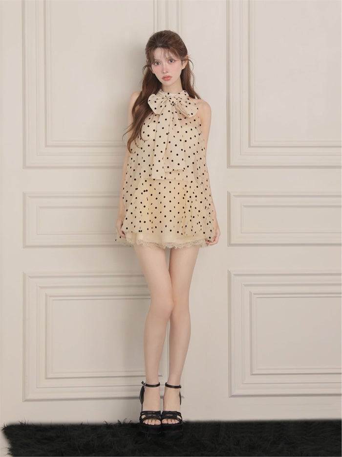 ROBE de FLEURS ローブドフルール ドットチュールホルターリボンセットアップミニキャバドレス fm4976-c