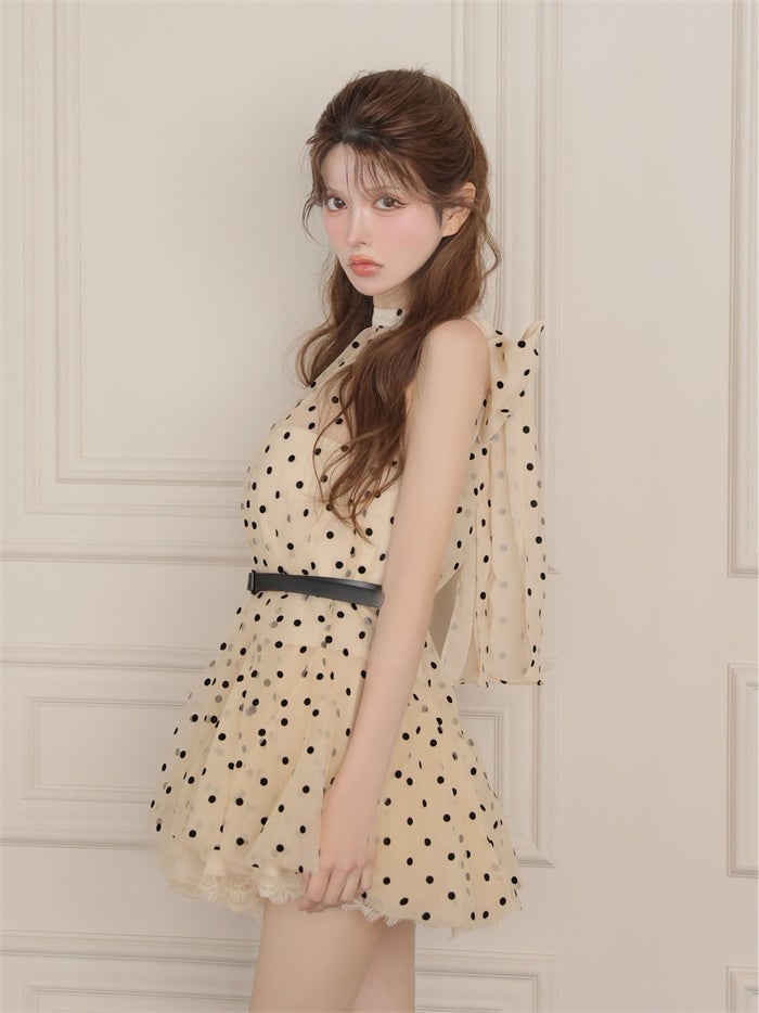 ROBE de FLEURS ローブドフルール ドットチュールホルターリボンセットアップミニキャバドレス fm4976-c