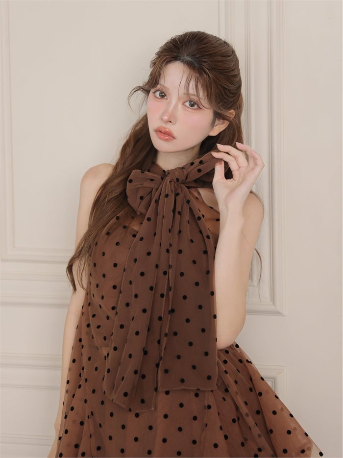 ROBE de FLEURS ローブドフルール ドットチュールホルターリボンセットアップミニキャバドレス fm4976-c