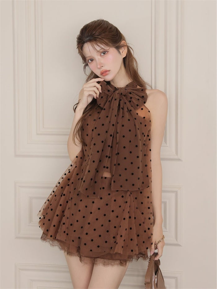 ROBE de FLEURS ローブドフルール ドットチュールホルターリボンセットアップミニキャバドレス fm4976-c