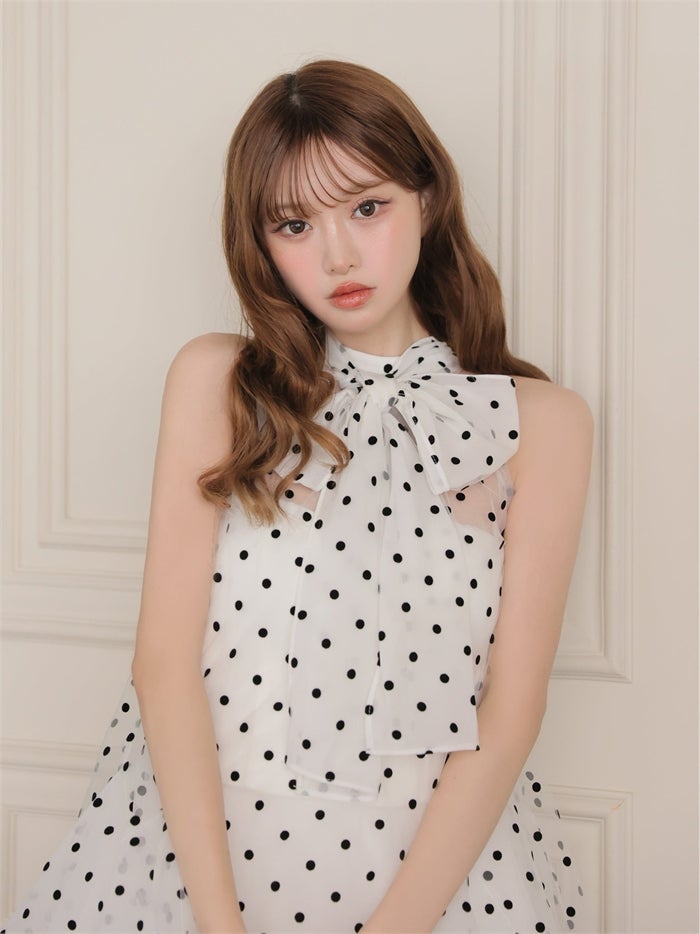 ROBE de FLEURS ローブドフルール ドットチュールホルターリボンセットアップミニキャバドレス fm4976-c