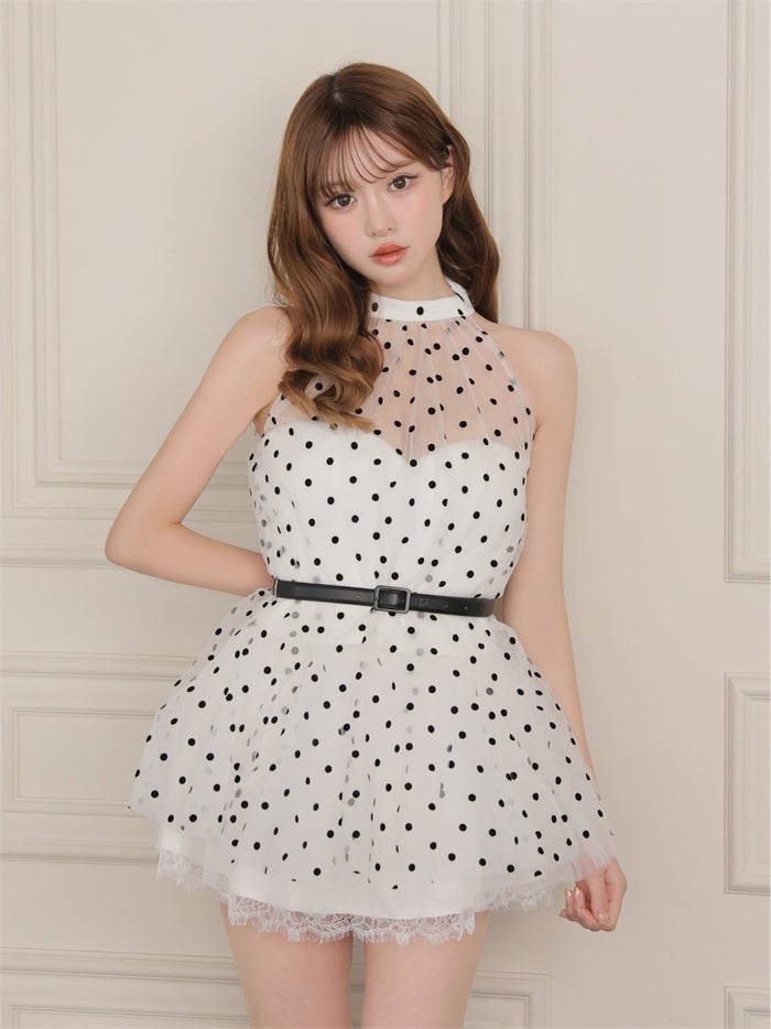 ROBE de FLEURS ローブドフルール ドットチュールホルターリボンセットアップミニキャバドレス fm4976-c