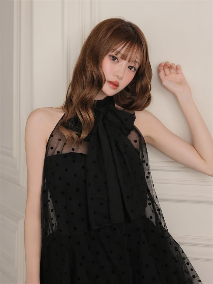 ROBE de FLEURS ローブドフルール ドットチュールホルターリボンセットアップミニキャバドレス fm4976-c