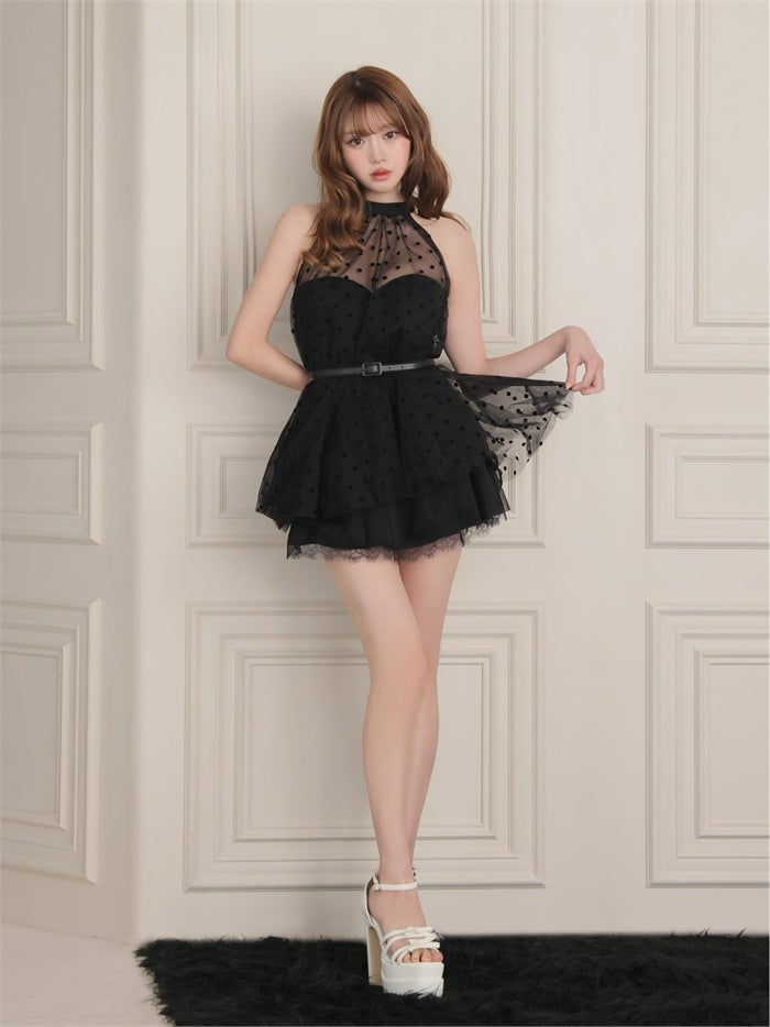 ROBE de FLEURS ローブドフルール ドットチュールホルターリボンセットアップミニキャバドレス fm4976-c