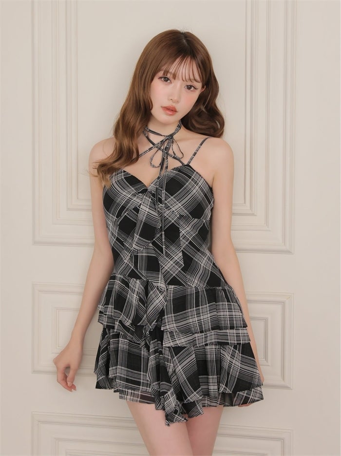 ROBE de FLEURS ローブドフルール チェックシフォンリボンキャミミニキャバドレス fm5407