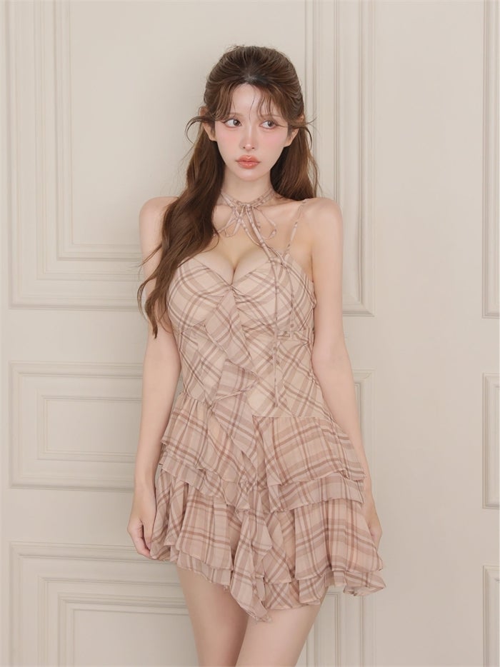 ROBE de FLEURS ローブドフルール チェックシフォンリボンキャミミニキャバドレス fm5407
