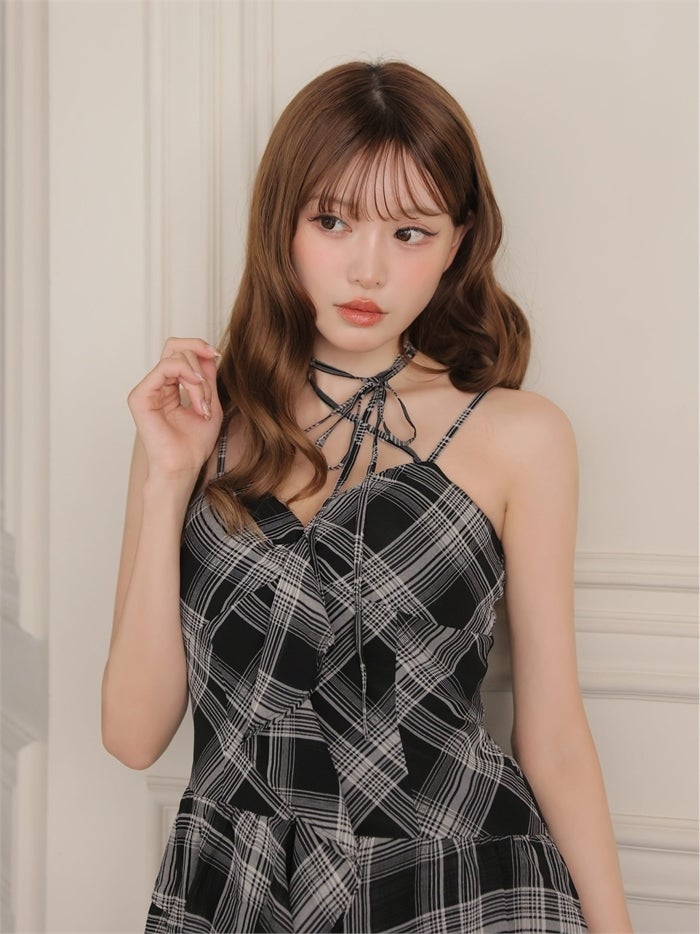 ROBE de FLEURS ローブドフルール チェックシフォンリボンキャミミニキャバドレス fm5407