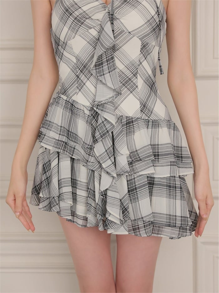 ROBE de FLEURS ローブドフルール チェックシフォンリボンキャミミニキャバドレス fm5407
